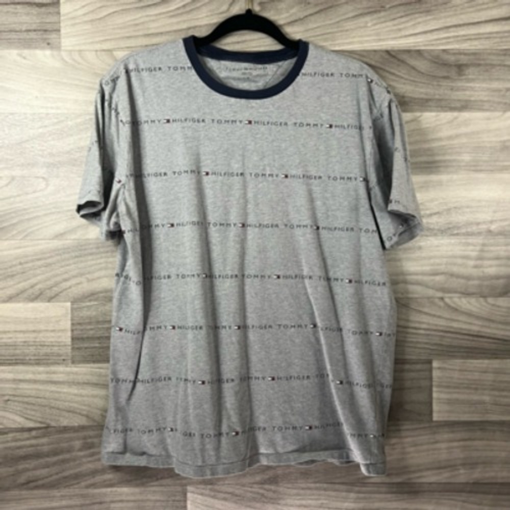 Tommy Hilfiger Womens Spellout T-Shirt‎ Top Gray Heathered Short Sleeve Cotton L